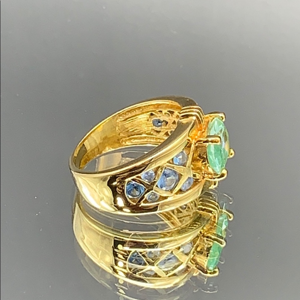 Lt Green and blue accent goldtone ring